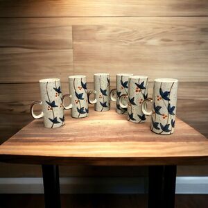 1960s Asian Blue MCM Organic Stoneware Pottery Coffee Mugs Hand Painted Blue Set